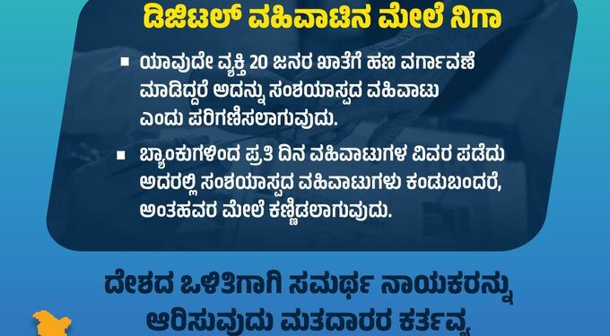 ಚುನಾವಣಾ ನೀತಿ ಸಂಹಿತೆ ಅಂಗವಾಗಿ ಡಿಜಿಟಲ್ ವಹಿವಾಟಿನ ಮೇಲೆ ನಿಗಾ : 20 ಜನರ ಖಾತೆಗೆ ಹಣ ವರ್ಗಾವಣೆಯಾದ್ರೆ ಕ್ರಮ..!!