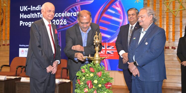 The 4th edition of the UK–India HealthTech Accelerator Programme 2026 was inaugurated at MAHE, Manipal, on July 22 by Chief Guest Shri Chandru Iyer, British Deputy High Commissioner to Karnataka, with Mr Mrutyunjay Suar, Chairman, BCKIC. (Left to right) Dr H S Ballal, Pro Chancellor, MAHE, Mr Mrutyunjay Suar, Mr Chandru Iyer and Dr Sharath K Rao, Vice Chancellor, MAHE, are in the picture.